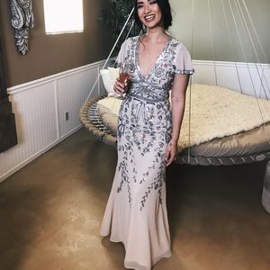 Aidan Mattox beaded v neck cap sleeve gown